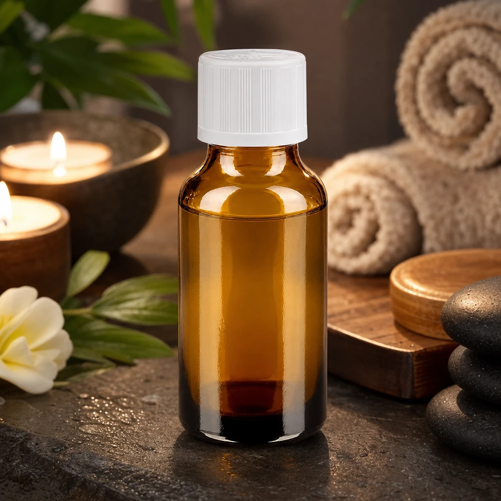 Aromatherapie Braunglasflasche 20ml mit weißem KiSi Deckel im stilvollen Wellness Ambiente