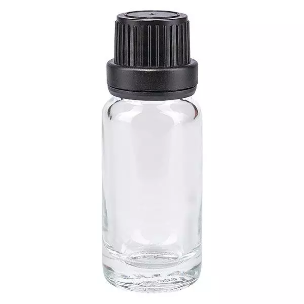 Apothekenflasche klar 10ml Tropfverschluss Giessring 2mm schwarz Originalitätsverschluss Apothekenflasche klar 10ml Tropfverschluss Giessring 2mm schwarz Originalitätsverschluss