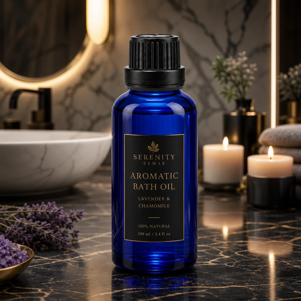 Apothekenflasche blau 30ml Tropfverschluss Giessring 2mm schwarz Originalitätsverschluss Schlanke kobaltblaue 30ml Flasche aus ApoGlas mit schwarzem OV neben Kerzen und Lavendelblüten