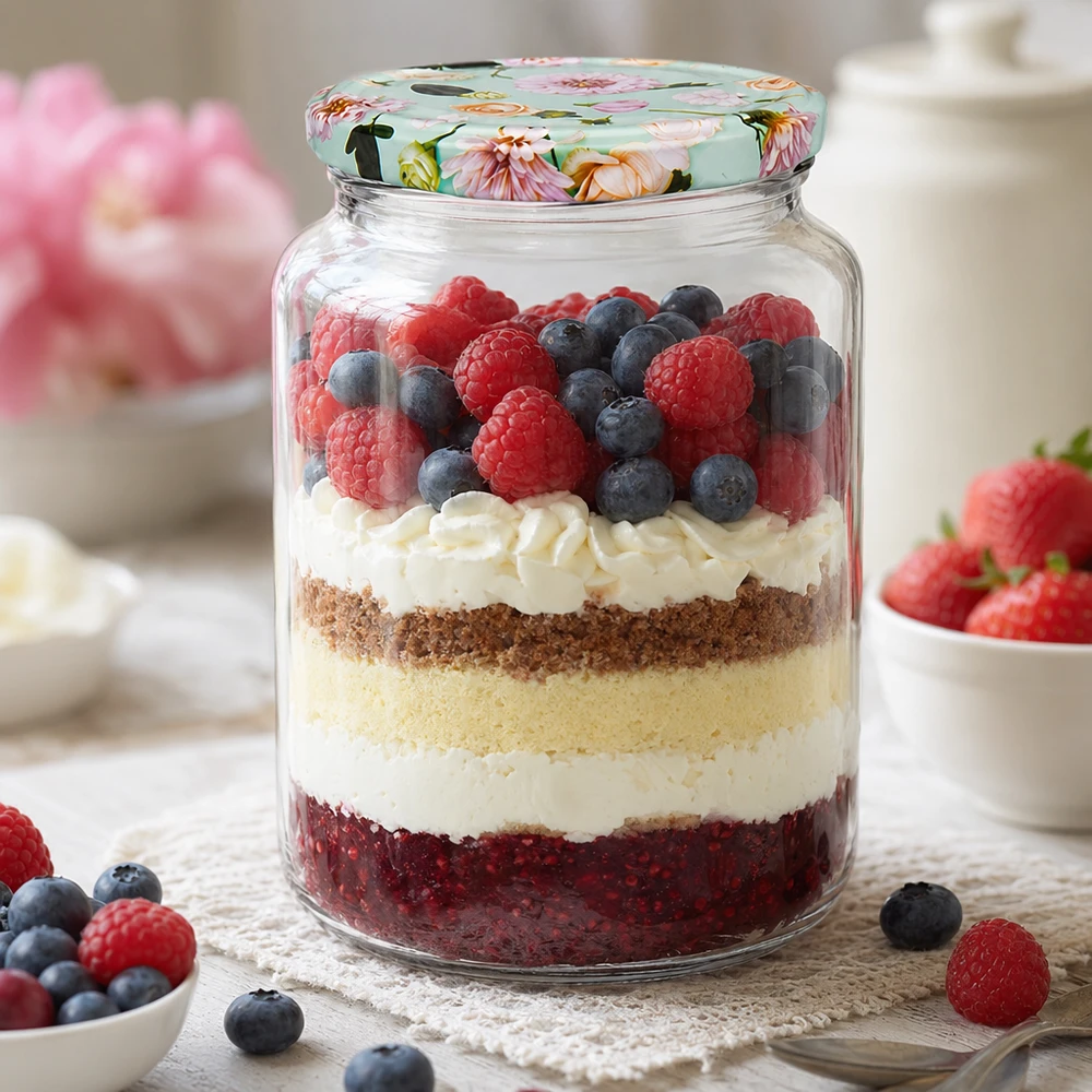 795ml Rundglas mit mint Blumen-Deckel als Dessertglas für Schichtnachtisch mit Beeren und Sahne