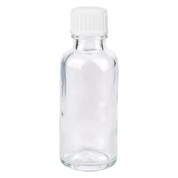 Apothekenflasche klar 30ml Schraubverschluss weiß Globuli Standard Apothekenflasche klar 30ml Schraubverschluss weiß Globuli Standard