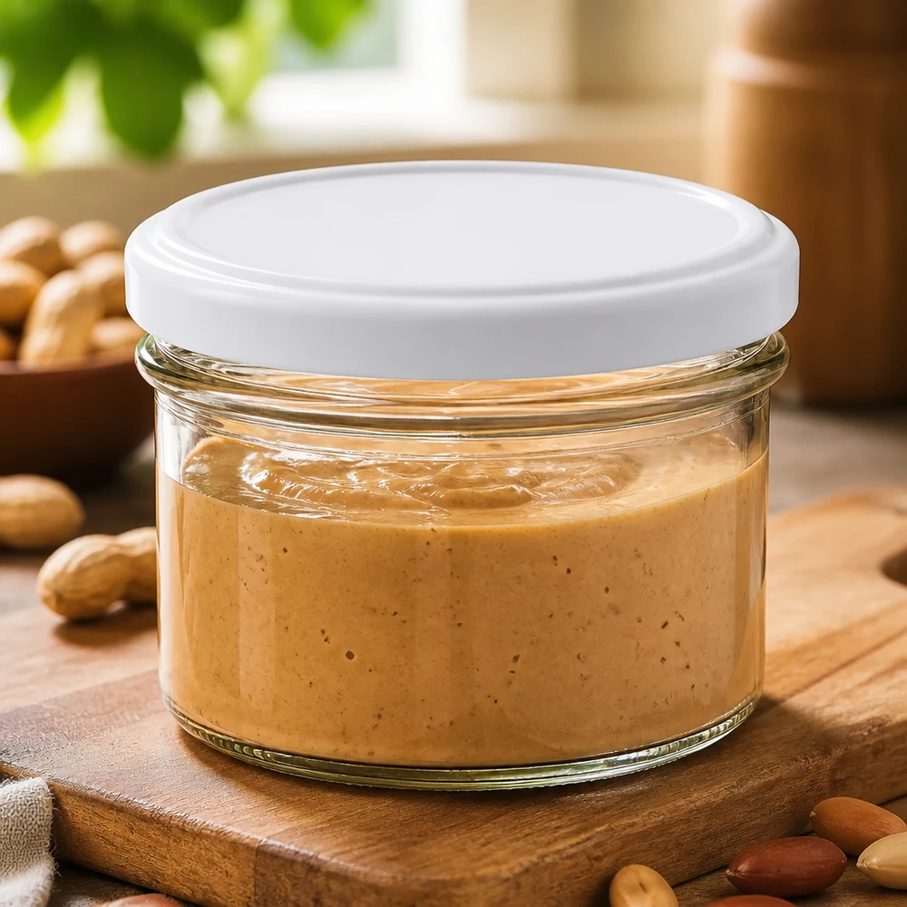 225ml Sturzglas mit BasicSeal Deckel weiß UNiTWIST 225ml Sturzglas BasicSeal gefüllt mit Nussbutter umgeben von Mandeln und Nüssen auf Holzuntergrund