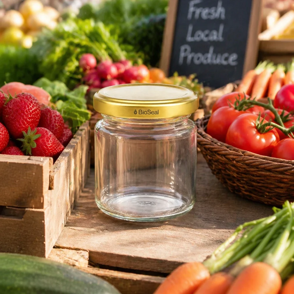 UNiTWIST Runda53 leeres Einmachglas mit goldenem TO43 BioSeal Deckel auf Holzbrett zwischen frischem Marktgemüse