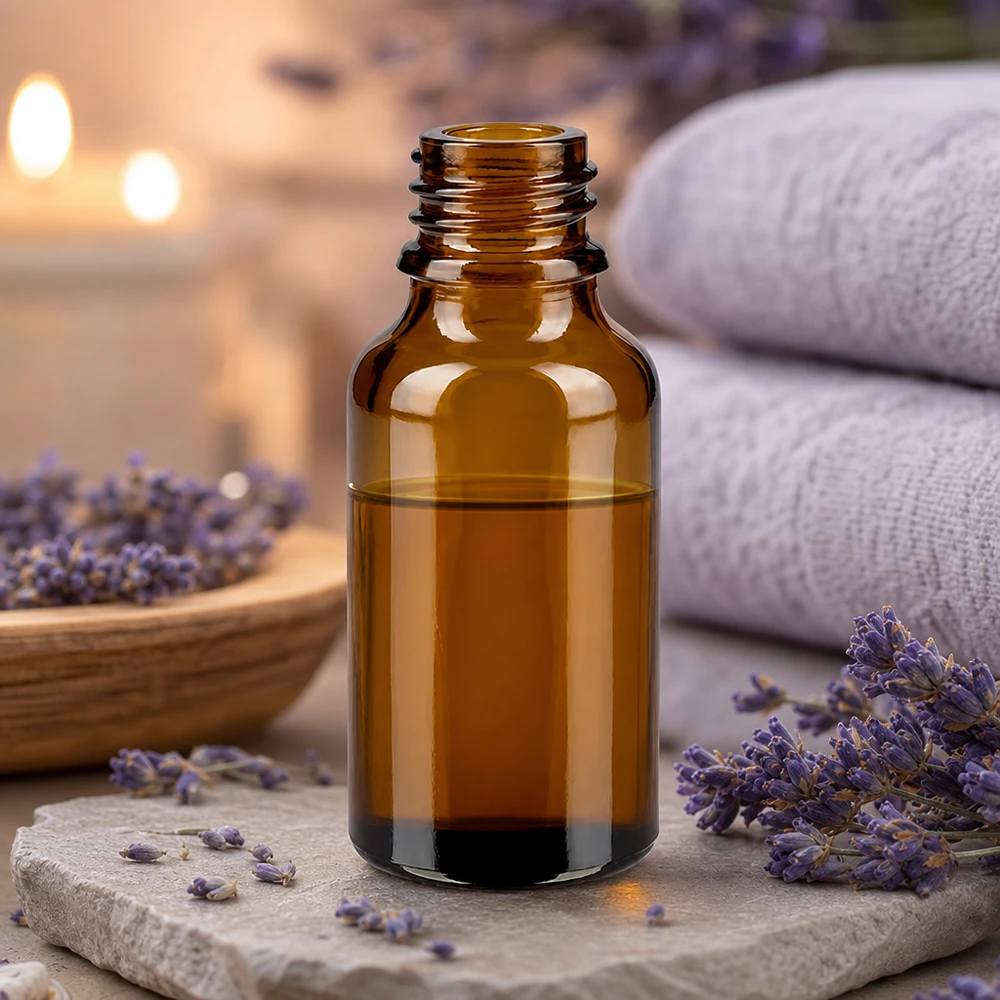 30ml braune Glasflasche ApoGlas mit Lavendel und weißen Handtüchern in entspannender Spa Atmosphäre mit Kerzen