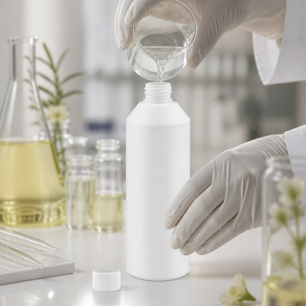 Weiße HDPE Apothekenflasche 250ml im Einsatz bei der Herstellung von Naturkosmetikprodukten