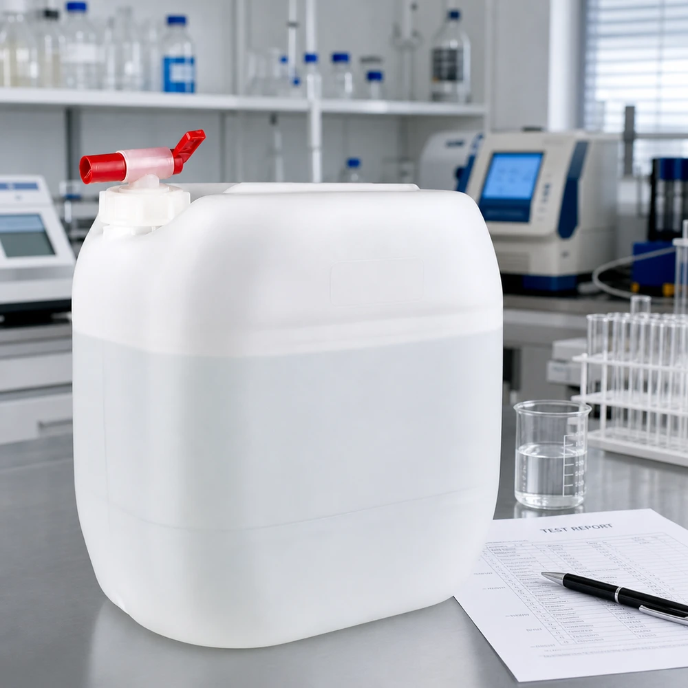 Kanister 30 Liter mit Auslaufhahn Robuster 30 Liter Vorratsbehälter mit Entnahmehahn zwischen Laborgeräten und Reagenzgläsern