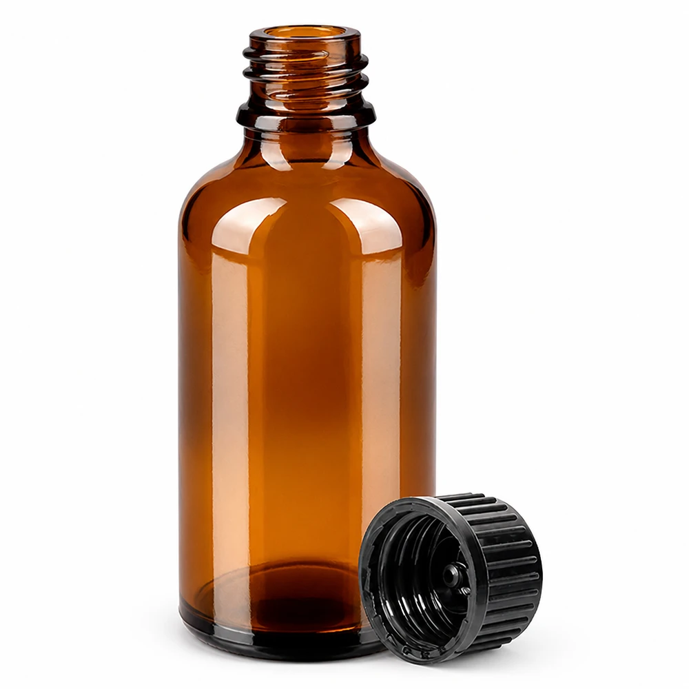 Professionelle 50ml Glasflasche in Braun mit schwarzem Deckel für Labor und Naturkosmetik