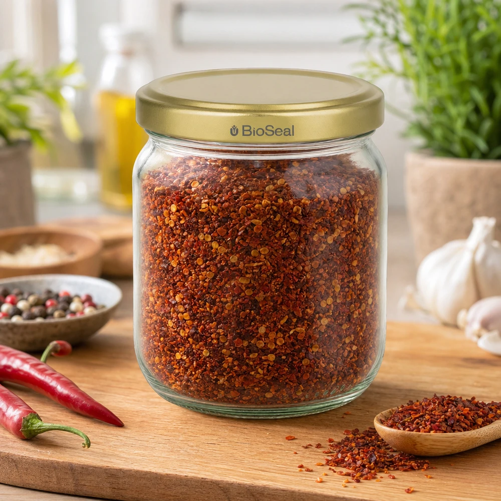 500g Honigglas mit goldenem Deckel BioSeal UNiTWIST 500g BioSeal Honigglas gefüllt mit roten Gewürzen auf Holzbrett mit Chili und Knoblauch in Küche