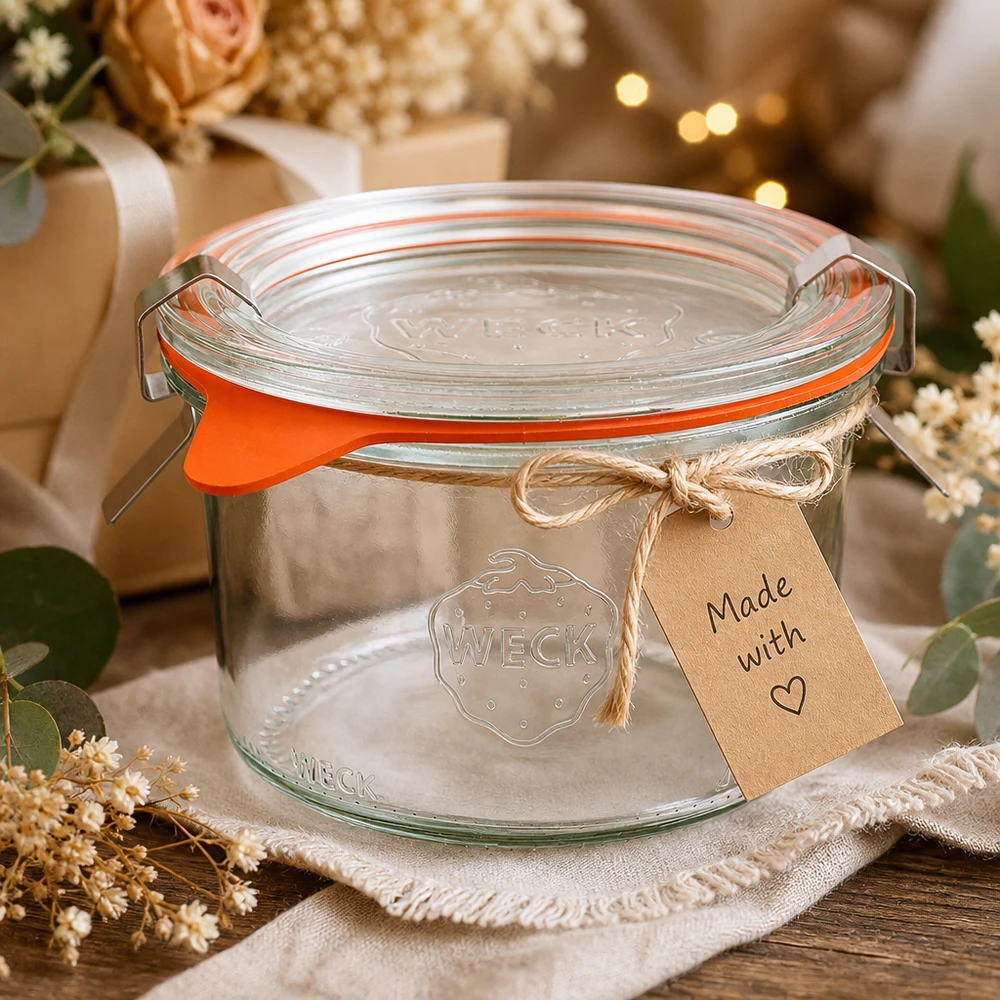 WECK Sturzglas 200ml RR80 als Geschenkidee dekoriert mit Kraftpapier-Anhänger Made with Love und Trockenblumen