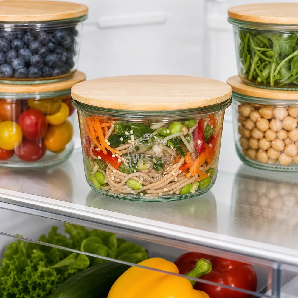 WECK Sturzglas 80ml RR60 mit Bambusdeckel Kühlschrank Meal Prep Vorratsorganisation Gemüse Nudeln frisch halten