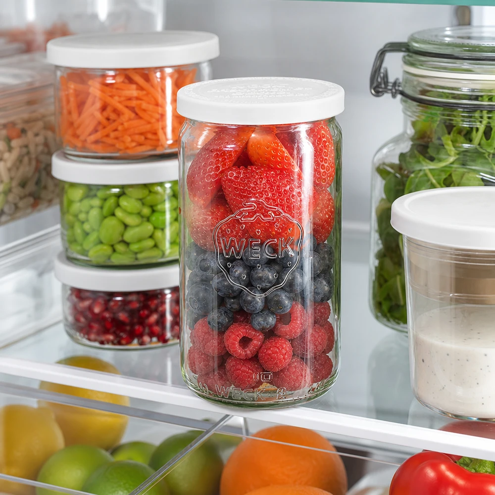 340ml Zylinderglas mit Frischedeckel WECK RR60 WECK Zylinderglas 340ml mit gemischten Beeren gefüllt im Kühlschrank neben anderen Vorratsgläsern mit Gemüse