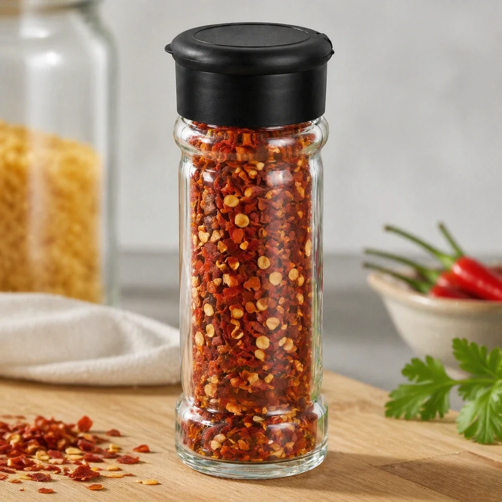 Salz-/Gewürzglas 100ml mit Streuer schwarz Schlankes Glasgefäß 100ml mit schwarzem Streuer für Chiliflocken in modernem Küchenambiente