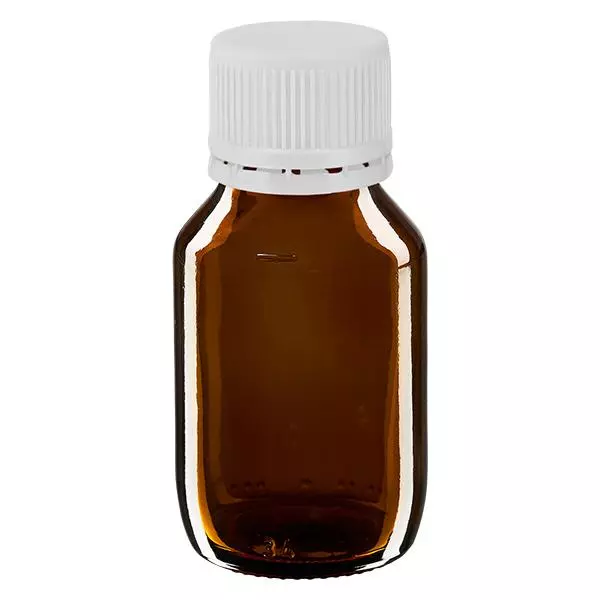 50ml Medizinflasche braun, Verschluss weiß mit Originalitätsring ApoGlas 50ml Medizinflasche braun, Verschluss weiß mit Originalitätsring ApoGlas