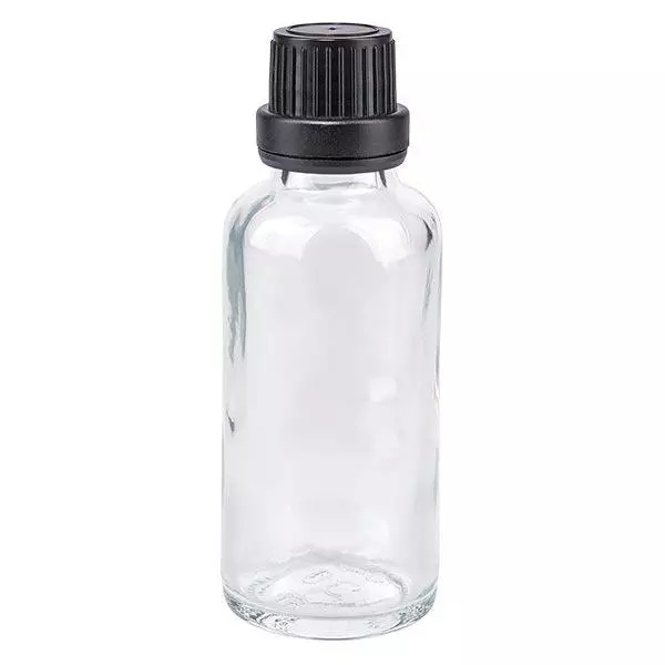 Apothekenflasche klar 30ml Schraubverschluss schwarz Dichteinlage Originalitätsverschluss Apothekenflasche klar 30ml Schraubverschluss schwarz Dichteinlage Originalitätsverschluss