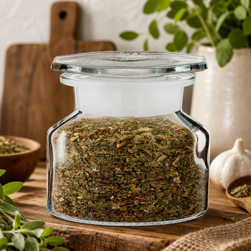 Stabiles Steilbrustglas 50ml befüllt mit aromatischen Trockenkräutern für die Gewürzküche