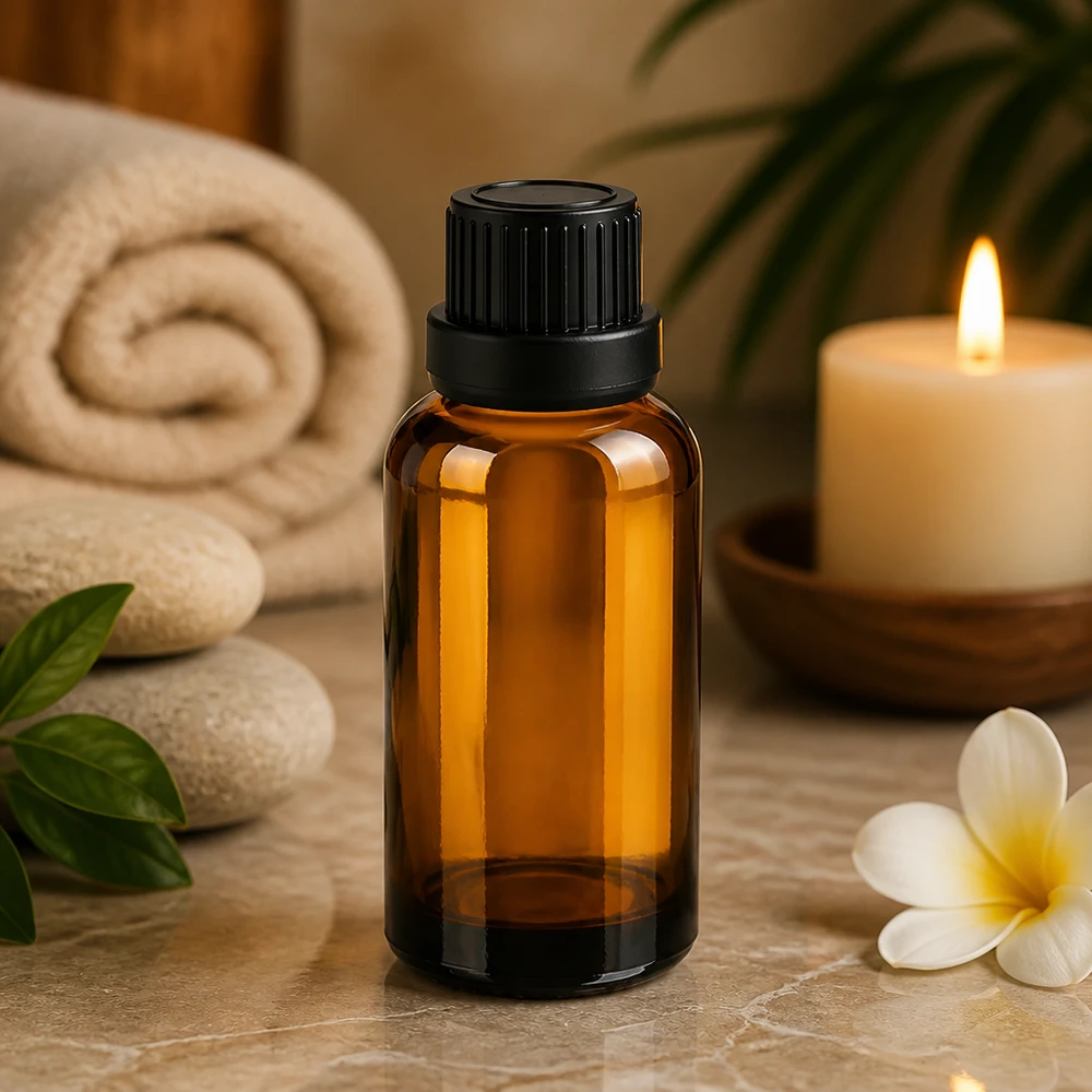 30ml Tropfflasche 2mm schwarz Originalitätsverschluss BrownLine UT18/30 Elegante 30ml Tropfflasche in Bernsteinfarbe mit schwarzem Verschluss für Spa und Massage