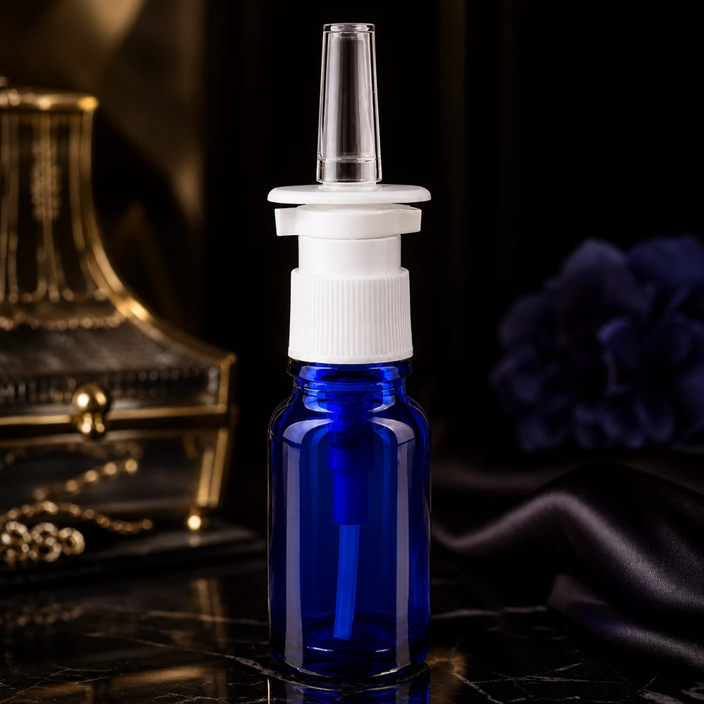 Apothekenflasche blau 10ml Nasenzerstäuber weiß Standard 10ml blaue Apotheker-Sprühflasche mit zweiteiligem weißen Nasenspray-Verschlusssystem
