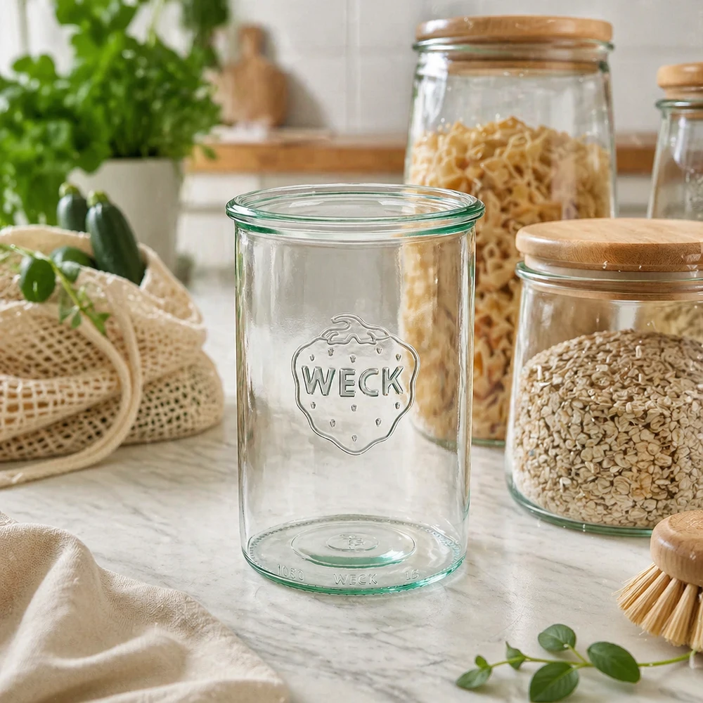 1000ml Sturzglas WECK RR100 WECK Sturzglas 1000ml RR100 aus Glas mit Logo in nachhaltiger Küche mit Vorratsgläsern und Bio-Lebensmitteln
