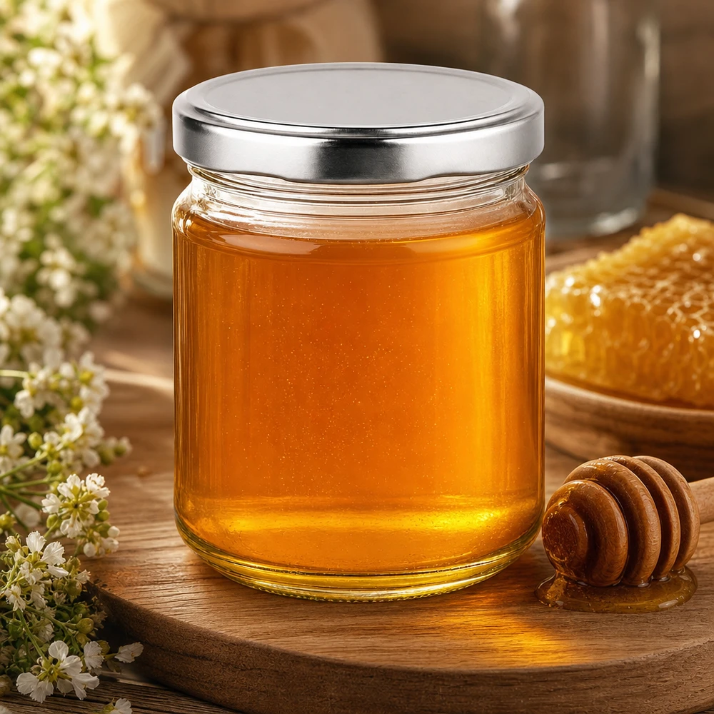 212ml Rundglas mit BasicSeal Deckel gefüllt mit goldgelbem Honig neben Bienenwabe und Honiglöffel aus Holz