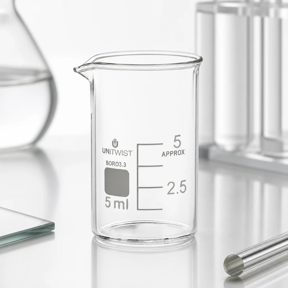 Becherglas 5ml Borosilikat, niedrige Form UNiTWIST Becherglas 5ml niedrige Form Borosilikat 3.3 mit beschriftbarem Markierfeld und Skalierung