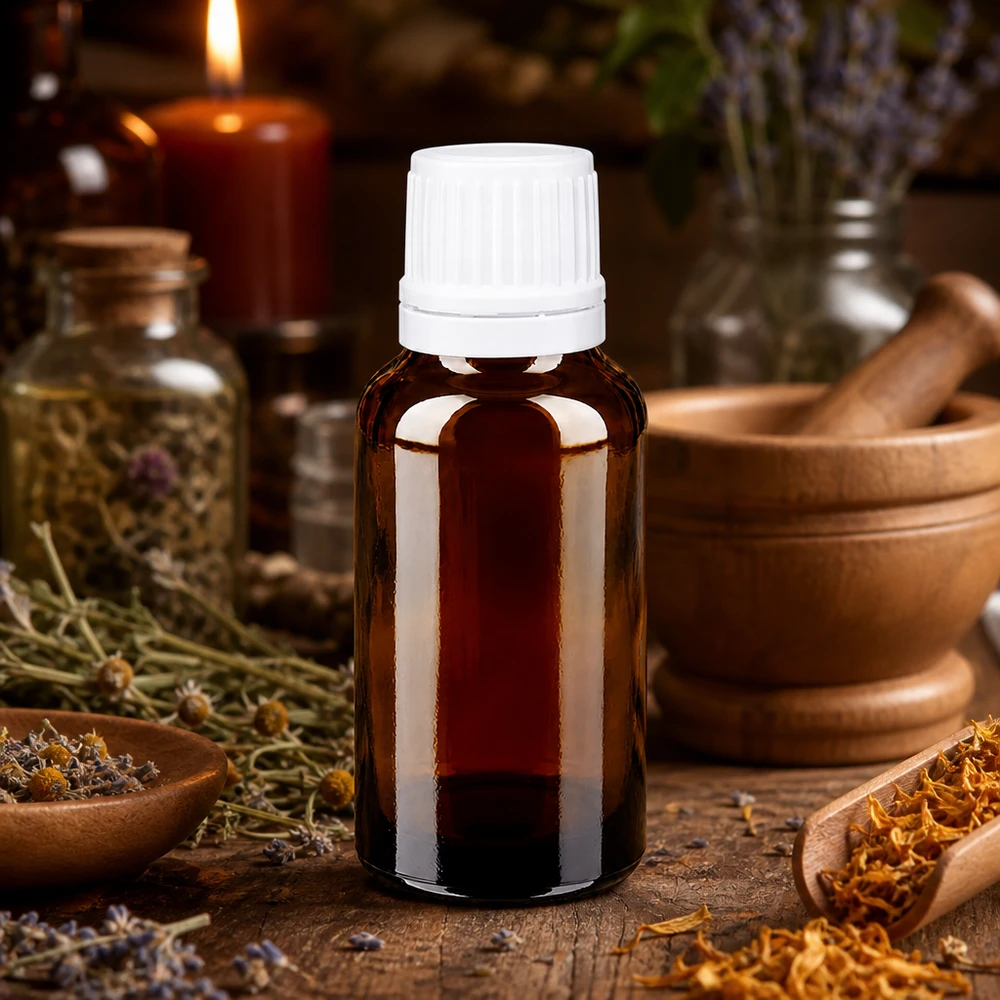 Apothekerflasche 20ml Braunglas schmal mit kindersicherem Weißdeckel für Pflanzentinkturen