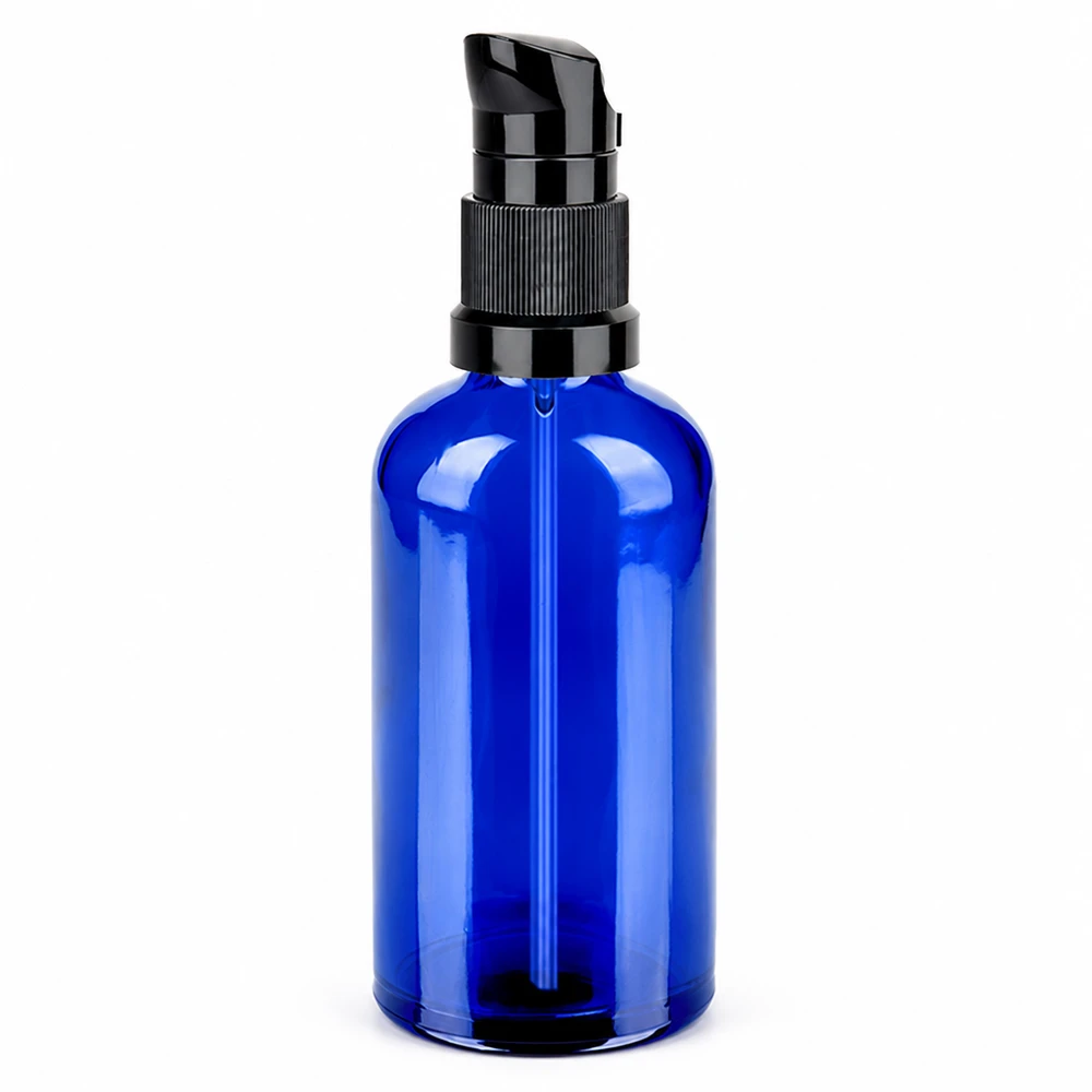 100ml Pumpflasche schwarz Standardverschluss BlueLine UT18/100 Handliche blaue Glasflasche mit Pumpspender 100ml perfekt für Lotions und Öle