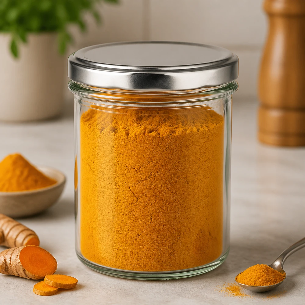 350ml Sturzglas mit BasicSeal Deckel silber befüllt mit Kurkumapulver neben frischer Kurkumawurzel Gewürzglas Vorratsdos