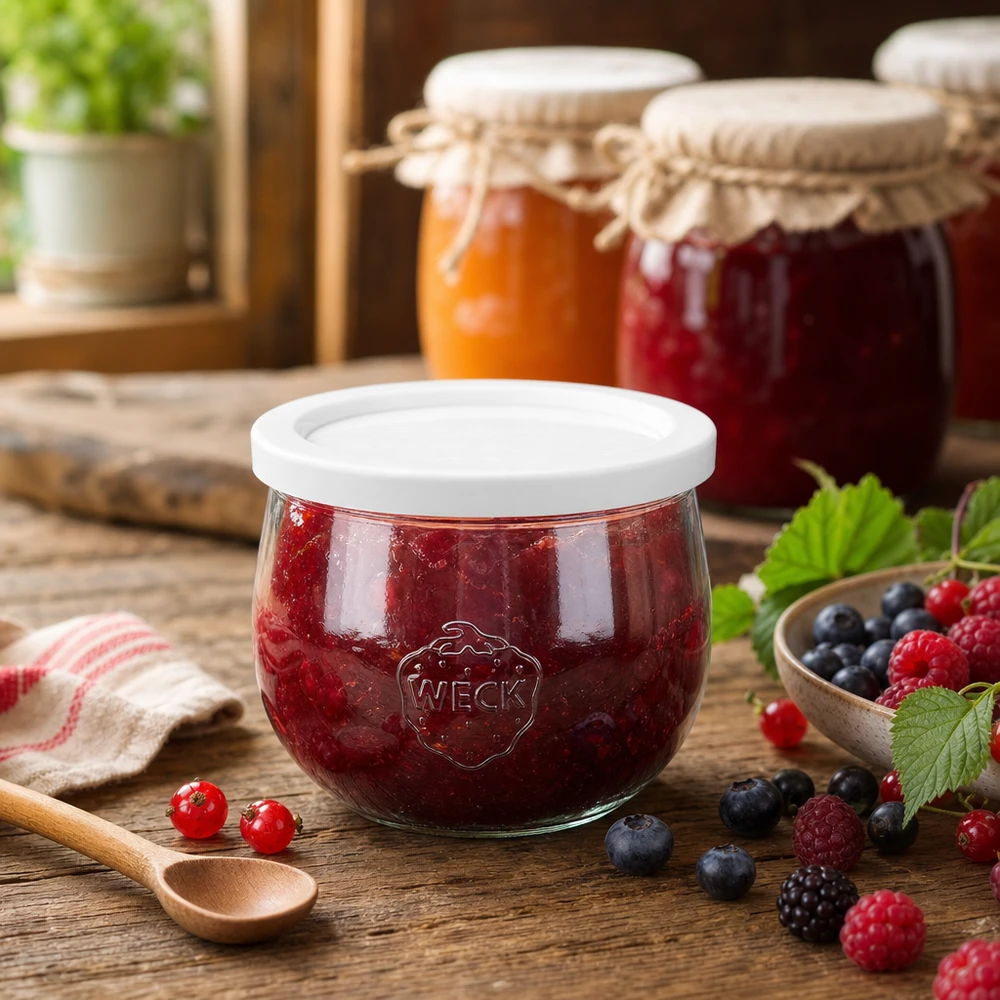 580ml Tulpenglas mit Frischedeckel WECK RR100 WECK Tulpenglas 580ml RR100 mit Beerenmarmelade gefüllt in rustikaler Küche mit frischen Früchten und Einmachgläsern
