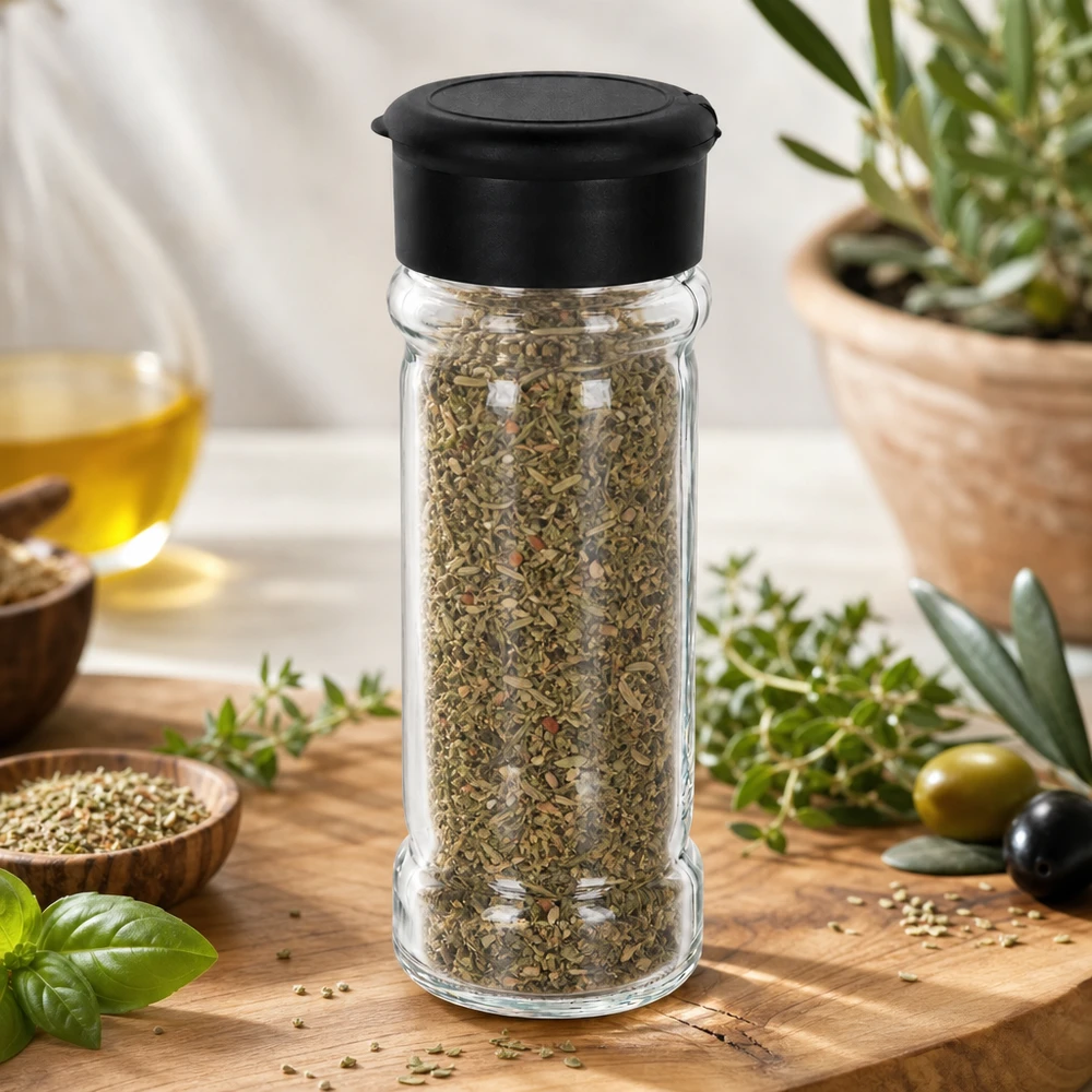 Salz-/Gewürzglas 100ml mit Streuer schwarz Kompaktes Kräuterstreuer-Glas 100ml aus Glas mit mattschwarzem Deckel auf Holzunterlage