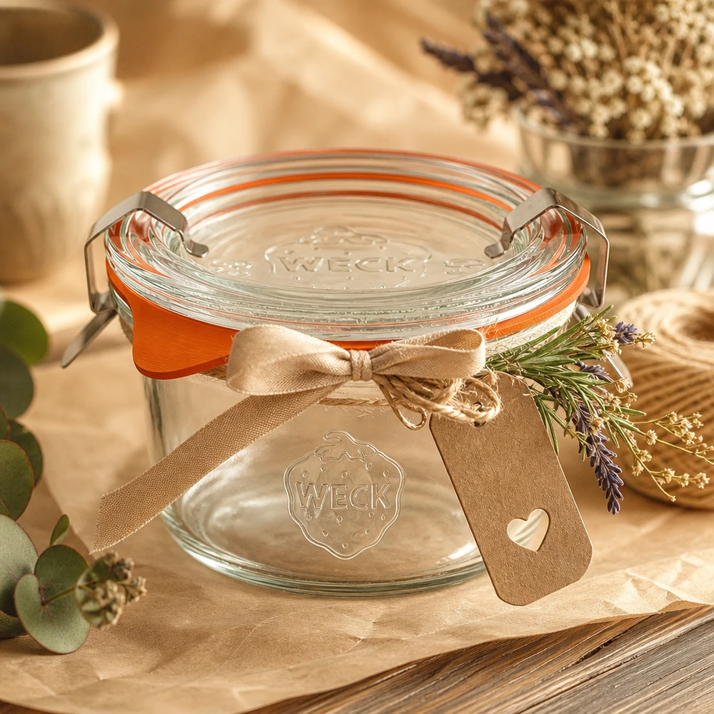 WECK 50ml Sturzglas RR60 dekorativ arrangiert mit Schleife und Lavendel als Geschenkidee auf rustikalem Holztisch