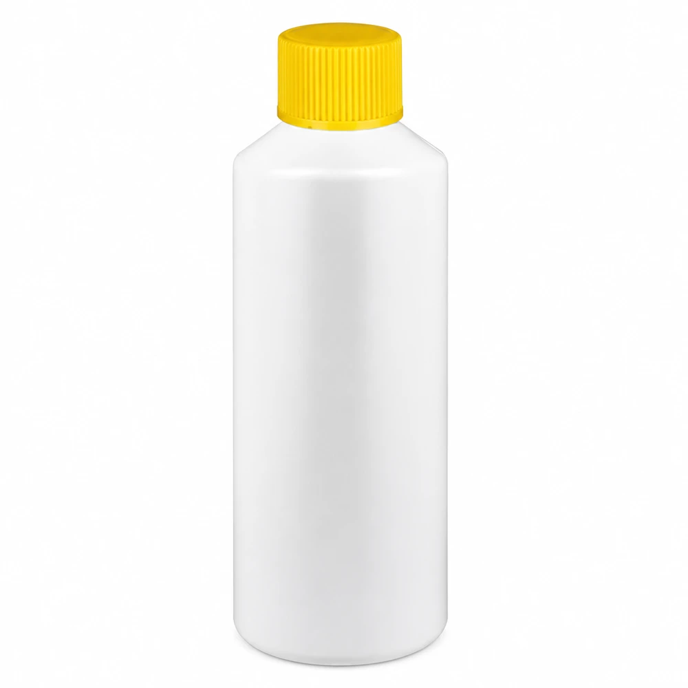 Apothekenflasche HDPE 100ml weiß, mit gelbem Schraubverschluss 100ml HDPE Apothekenbehälter weiß mit gelbem Originalitätsverschluss