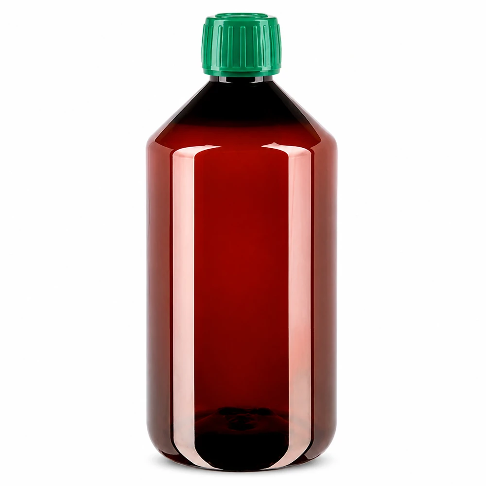 PET Flasche 750ml mit grünem Verschluss Originalitätsverschluss Lebensmittelechte PET Flasche 750ml braun mit grünem originalitätsgesichertem Deckel