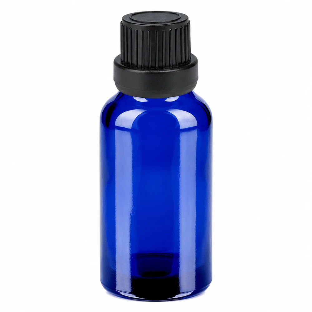 20ml Flasche 11mm Schraubverschluss schwarz Originalitätsverschluss BlueLine UT18/20 20ml pharmazeutische Glasflasche blau mit kindersicherem schwarzem Schraubverschluss
