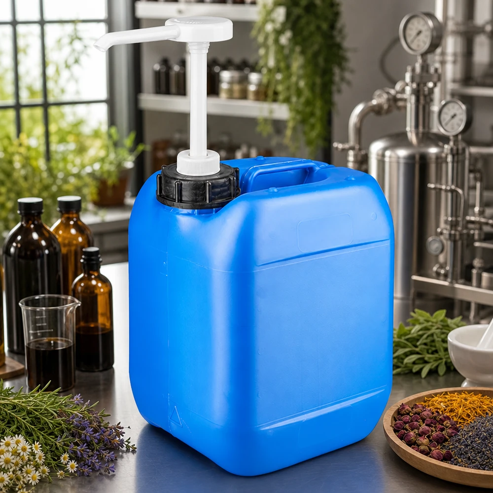 Kanister 5 Liter blau mit Dosierpumpe Kanister 5 Liter mit schwarzem Deckel und weißer Pumpe in botanischer Manufaktur
