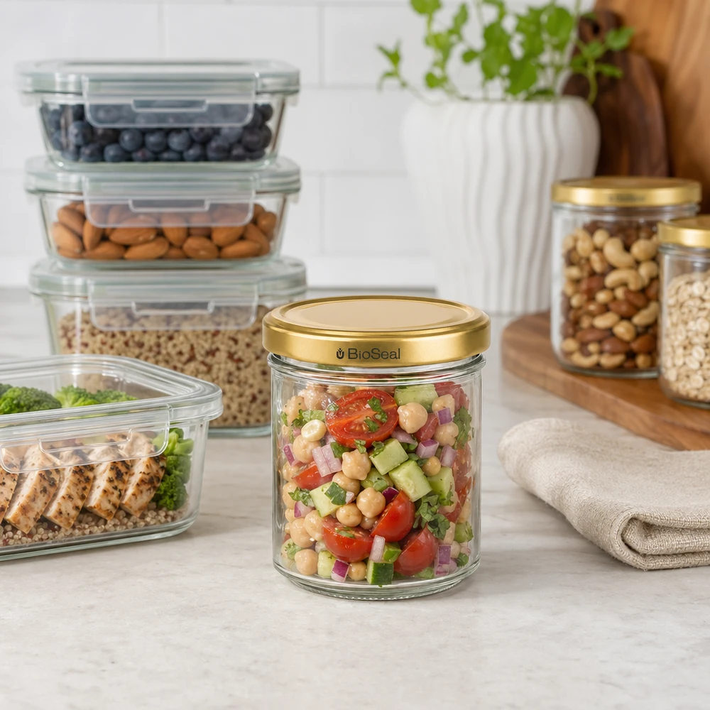 BioSeal 200g Glas mit goldenem Deckel gefüllt mit Kichererbsensalat in organisierter Küche mit Vorratsbehältern