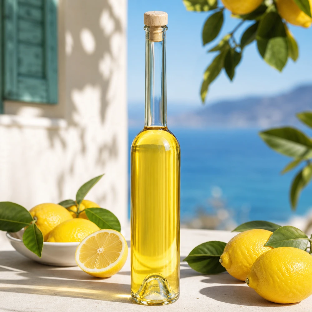 100ml Glasflasche "Hugo" mit Holzgriff-Korken UNiTWIST 100ml Glasflasche Hugo mit gelbem Likör gefüllt zwischen Zitronen in mediterraner Küchenszenerie