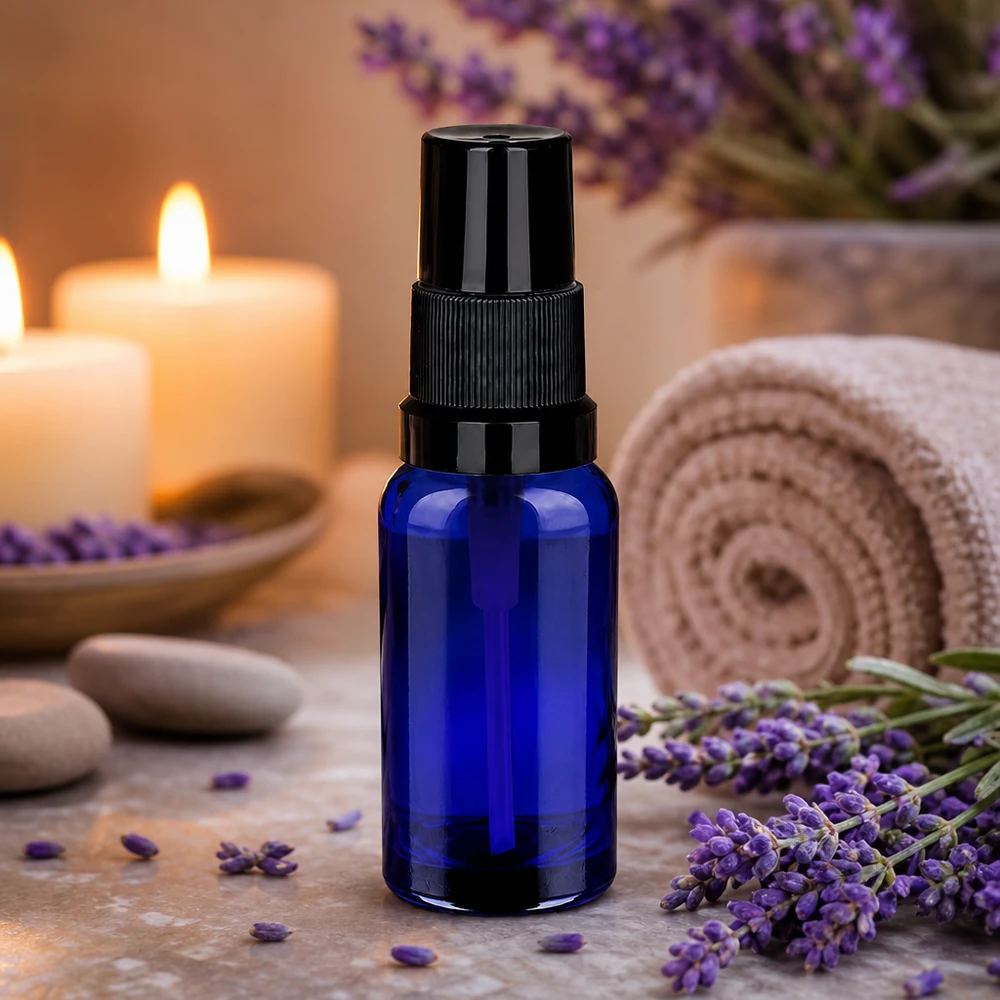 20ml Sprayflasche schwarz Standardverschluss BlueLine UT18/20 Vielseitige 20ml Glassprayflasche in Blau für Parfum Raumspray und natürliche Essenzen