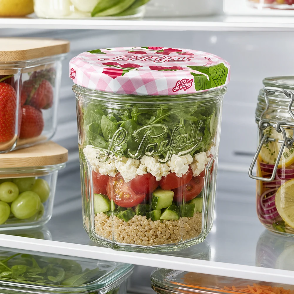 324ml Sturzglas "Jam" mit Schraubdeckel Le Parfait® 324ml Le Parfait Sturzglas mit Schichtsalat im Kühlschrank zeigt praktische Meal-Prep-Verwendung des Einmachglases