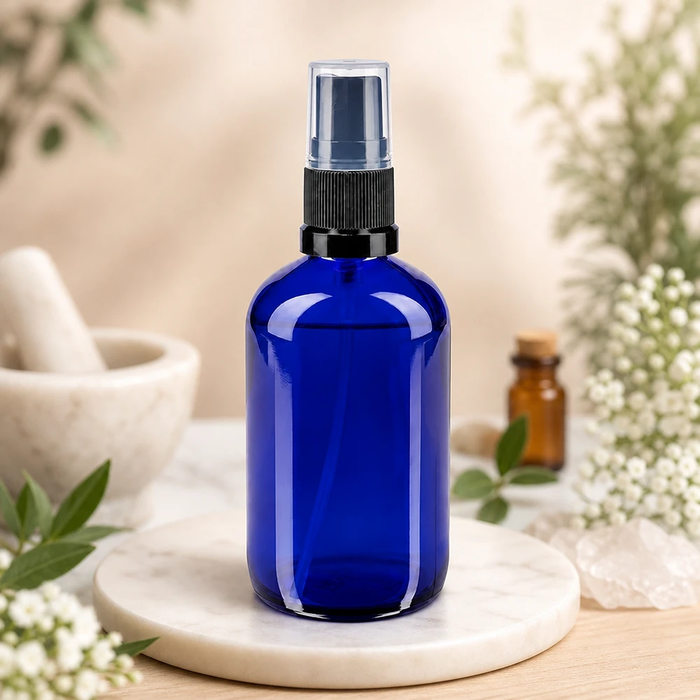 Professionelle 100ml Glassprayflasche in Kobaltblau mit schwarzem Pumpkopf für Naturkosmetik