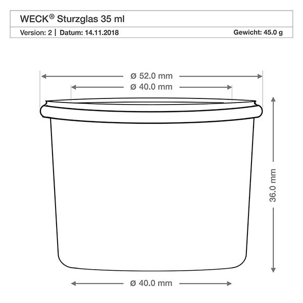 35ml Sturzglas komplett WECK RR40 Technische Zeichnung WECK Sturzglas 35ml RR40 mit Maßangaben, Durchmesser 40mm und 52mm, Höhe 36mm, Gewicht 45g