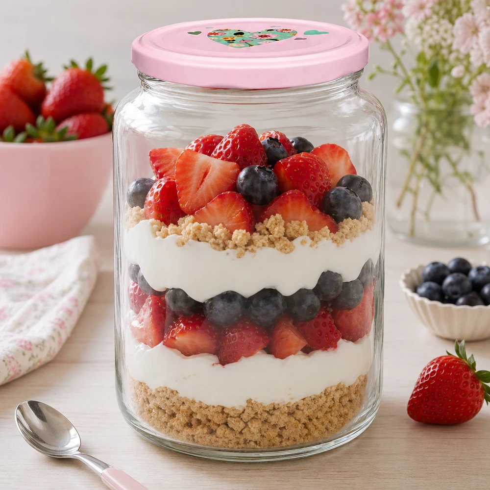 Rundglas 795ml mit rosa Herzdeckel gefüllt mit Beeren-Schichtdessert Parfait Anwendungsbeispiel für Desserts und Süßspei