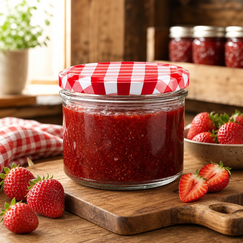 225ml Sturzglas + BasicSeal Deckel rot/weiß UNiTWIST 225ml Sturzglas mit Erdbeermarmelade und rot-weiß kariertem Deckel neben frischen Erdbeeren auf Holzbrett