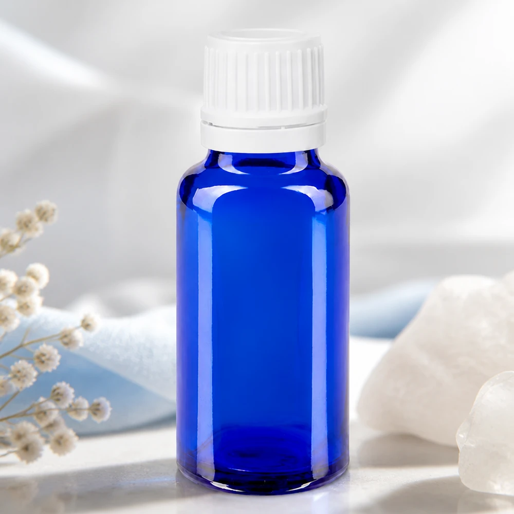 Apothekenflasche blau 20ml Schraubverschluss weiß Originalitätsverschluss Royalblaue 20ml Apothekerflasche aus Borosilikatglas mit weißem 11mm Verschluss für Laboranwendungen