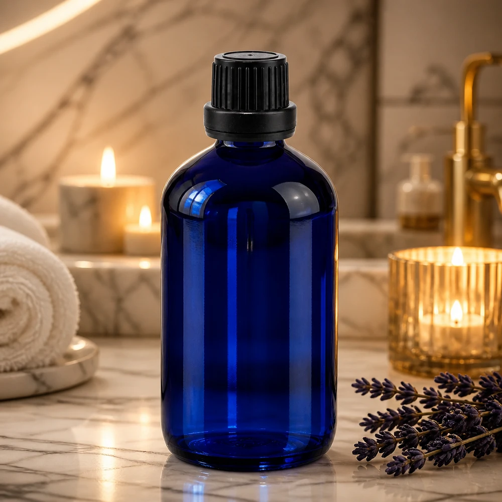 Blaue Apothekerglasflasche 100ml mit kindersicherem Schwarzdeckel für Naturkosmetik