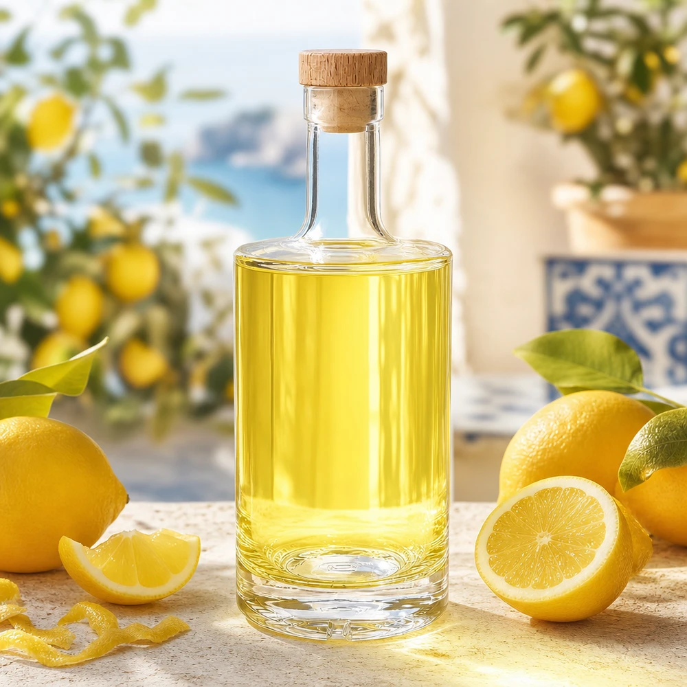 500ml Glasflasche Nora mit Zitronenlikör befüllt mediterrane Deko Holzkorken UNiTWIST Zitrusfrüchte
