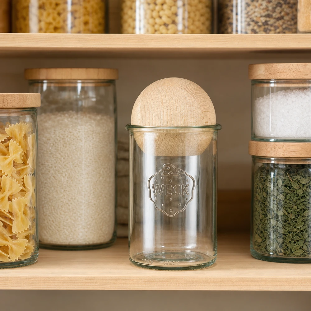 1000ml Sturzglas WECK RR100 mit Holzkugel Buche WECK Vorratsglas 1000ml RR100 mit Buchenkugel in moderner Küche zwischen Pasta, Reis und Gewürzen zur stilvollen Aufbewa
