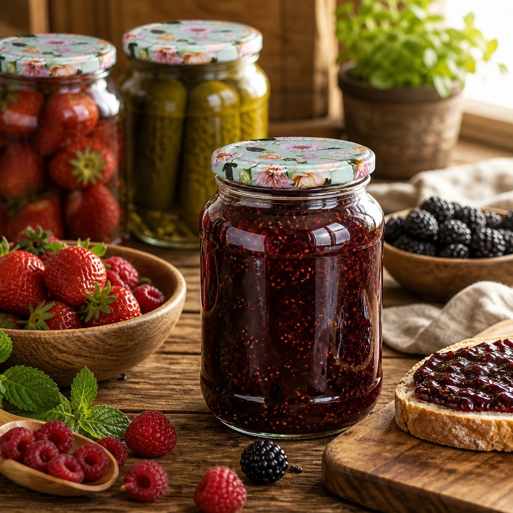 Rundglas 1062ml mit Blumen-Deckel befüllt mit Marmelade neben frischen Beeren rustikale Küchendeko