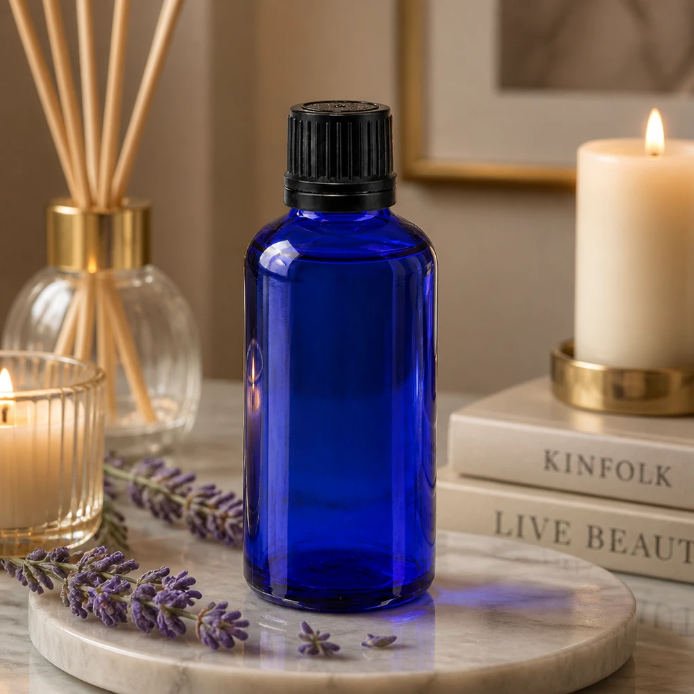 Apothekenflasche blau 50ml Tropfverschluss Giessring 1mm schwarz Originalitätsverschluss Blaue 50ml Glasflasche mit Originalitätsverschluss auf Marmortablett mit Lavendel