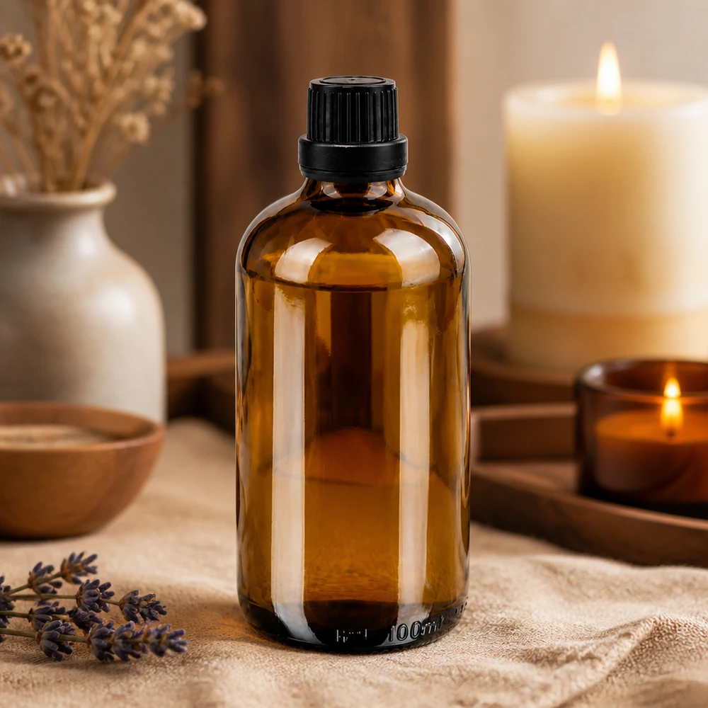 Apothekenflasche braun 100ml Tropfverschluss Premium 2mm schwarz Originalitätsverschluss UV-schützende 100ml Braunglasflasche mit schwarz OV-Verschluss für Aromatherapie und Naturkosmetik