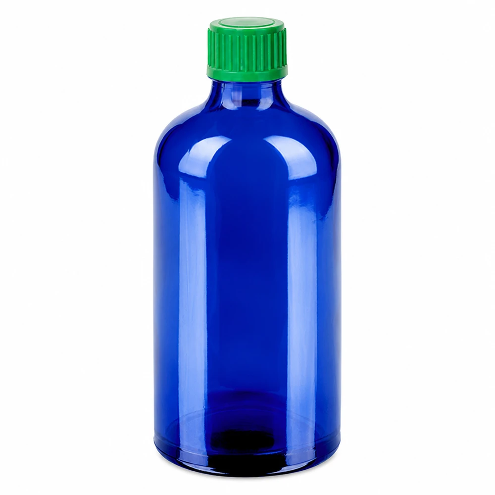 100ml Tropfflasche 0.8mm grünStandardverschluss BlueLine UT18/100 Pharmazeutische Tropfflasche 100ml blau mit grünem Tropfverschluss für Medikamente